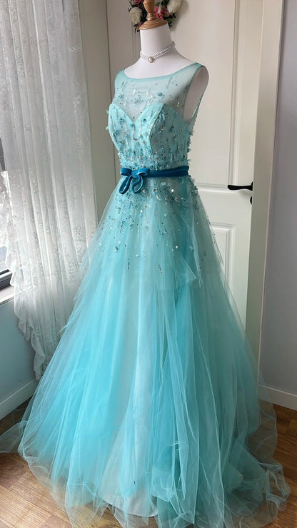 Beauty Prom Dress Crew Neck Pleated Tulle Evening Dress Gala Dress Birthday Party Outfits   D4124