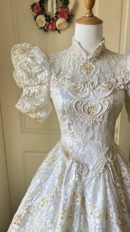 Vintage Wedding Dress High Collar Backless Pleated Wedding Dress  D4147