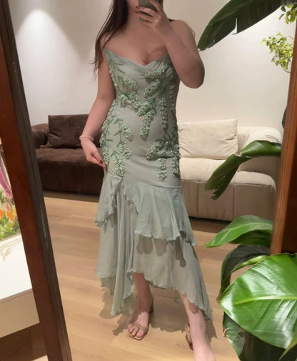 Elegant Prom Dress Spaghetti Straps Pleated Ruffle Birthday Party Dress Evening Dress D4155