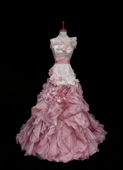 Stunning Prom Dress Asymmetrical Neck Floral Ruffle Gala Gown Formal Dress Evening Dress  D4184