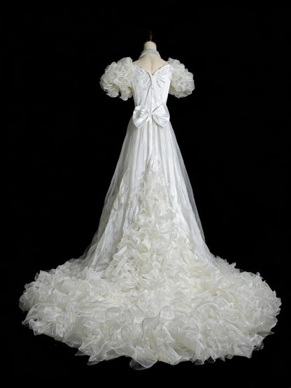 Vintage Wedding Dress Asymmetrical Neck Pleated Ruffle Wedding Dress  D4200