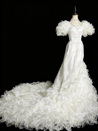 Vintage Wedding Dress Asymmetrical Neck Pleated Ruffle Wedding Dress  D4200
