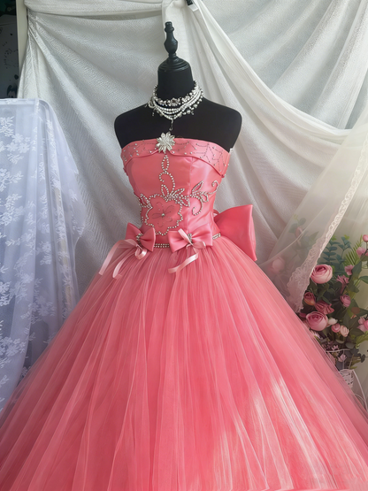 Beauty Prom Dress Strapless Pleated Tulle Ball Gown Quinceanera Dress Evening Dress       D4205