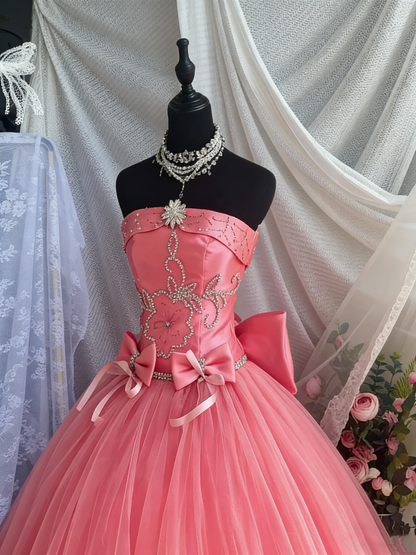 Beauty Prom Dress Strapless Pleated Tulle Ball Gown Quinceanera Dress Evening Dress       D4205
