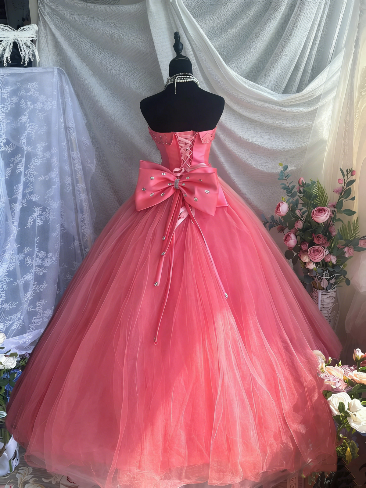 Beauty Prom Dress Strapless Pleated Tulle Ball Gown Quinceanera Dress Evening Dress       D4205