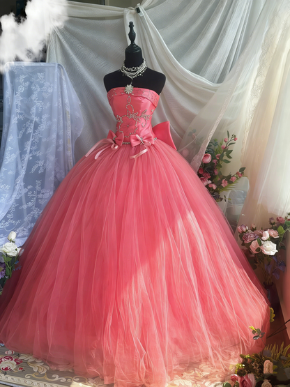 Beauty Prom Dress Strapless Pleated Tulle Ball Gown Quinceanera Dress Evening Dress       D4205