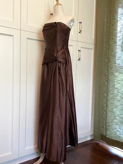 Minimalist Prom Dress Brown Strapless Pleated Gala Dress Evening Dress Formal Dress  D4219