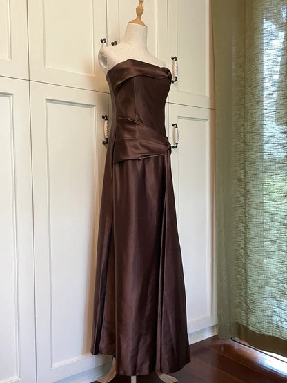 Minimalist Prom Dress Brown Strapless Pleated Gala Dress Evening Dress Formal Dress  D4219