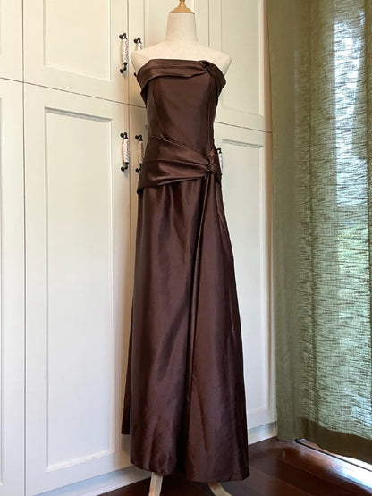 Minimalist Prom Dress Brown Strapless Pleated Gala Dress Evening Dress Formal Dress  D4219