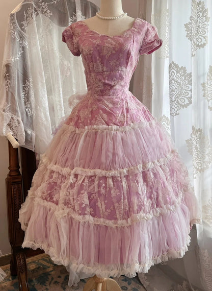 Sweet Prom Dress Short Sleeves Tulle Pleated Evening Dress Gala Dress Birthday Party Dress  D4240