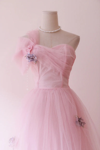 Hot Sale Prom Dress Light Pink Asymmetrical Neck Tulle Evening Dress Gala Dress Party Dress  D4247