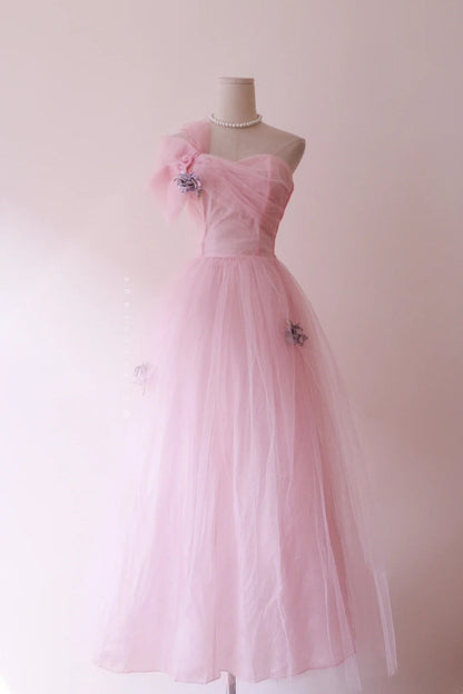 Hot Sale Prom Dress Light Pink Asymmetrical Neck Tulle Evening Dress Gala Dress Party Dress  D4247