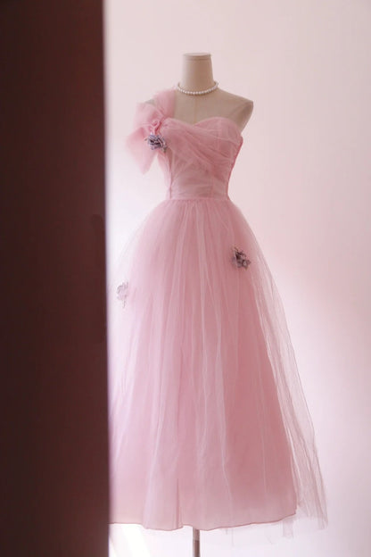 Hot Sale Prom Dress Light Pink Asymmetrical Neck Tulle Evening Dress Gala Dress Party Dress  D4247