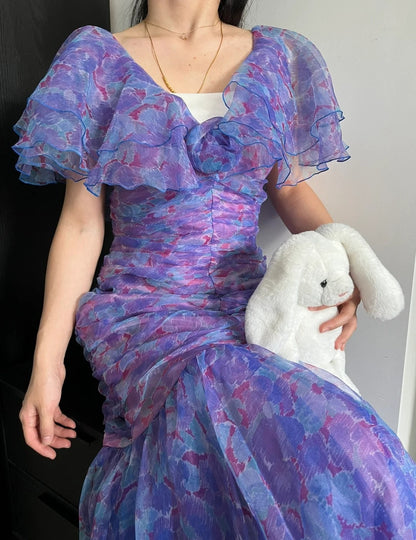 Stunning Prom Dress V-neck Pleated Print Mermaid Formal Dress Evening Dress Gala Dress  D4274
