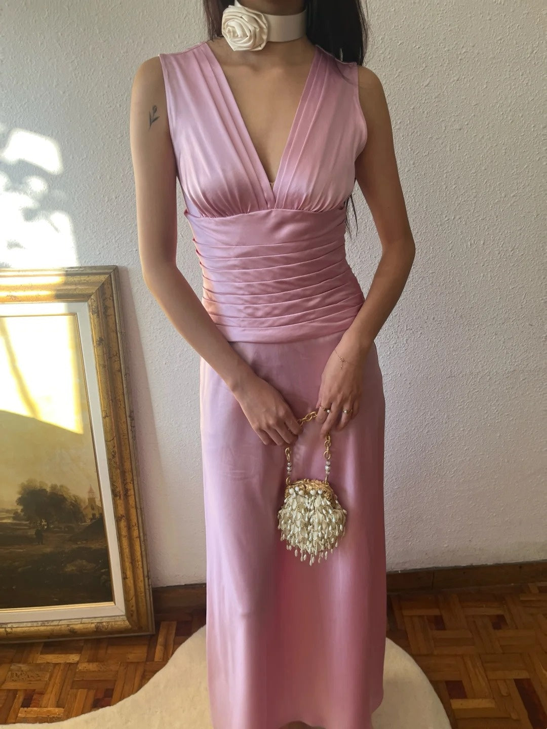 New Arrival Prom Dress Satin V-neck Pleated Formal Dress Evening Dress Gala Dress  D4280
