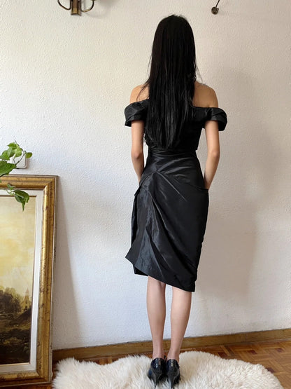 Minimalist Short Prom Dress Satin Black Off Shoulder Pleated Formal Dress Evening Dress Gala Dress  D4285