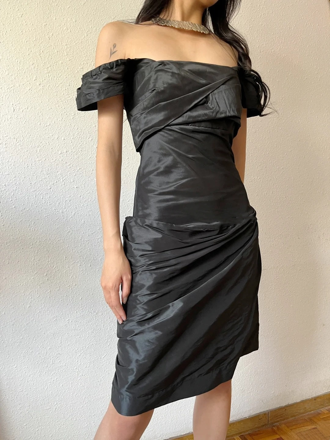 Minimalist Short Prom Dress Satin Black Off Shoulder Pleated Formal Dress Evening Dress Gala Dress  D4285