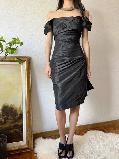 Minimalist Short Prom Dress Satin Black Off Shoulder Pleated Formal Dress Evening Dress Gala Dress  D4285