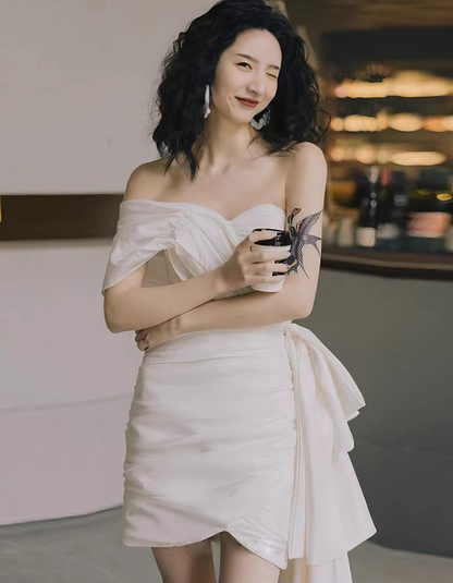 New Arrival Wedding Dress Asymmetrical Neck Pleated Short Wedding Dress Prom Dress    D4310