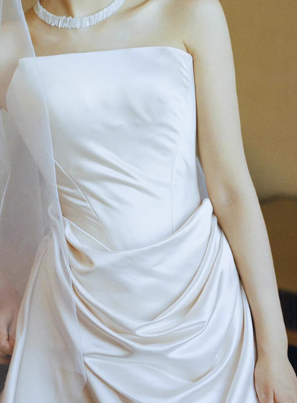 New Arrival Wedding Dress Satin A Line Asymmetrical Neck Pleated Wedding Dresses   D4325