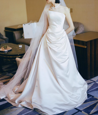 New Arrival Wedding Dress Satin A Line Asymmetrical Neck Pleated Wedding Dresses   D4325