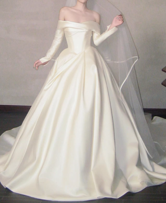 New Design Wedding Dress Satin Off Shoulder Long Sleeves Pleated Wedding Dresses D4331