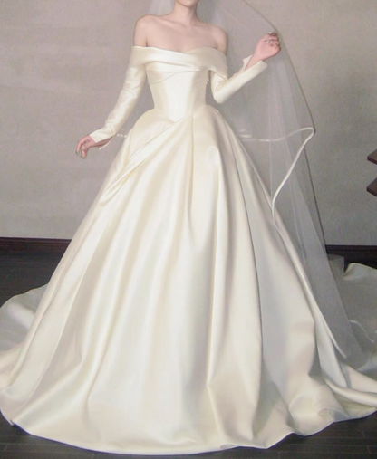 New Design Wedding Dress Satin Off Shoulder Long Sleeves Pleated Wedding Dresses D4331