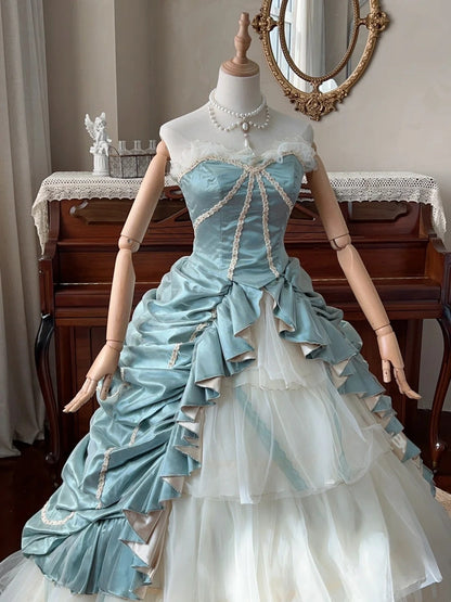 Beauty Prom Dress Strapless Pleated Tiered Tulle Ball Gown Evening Dress Quinceanera Dress      D4337