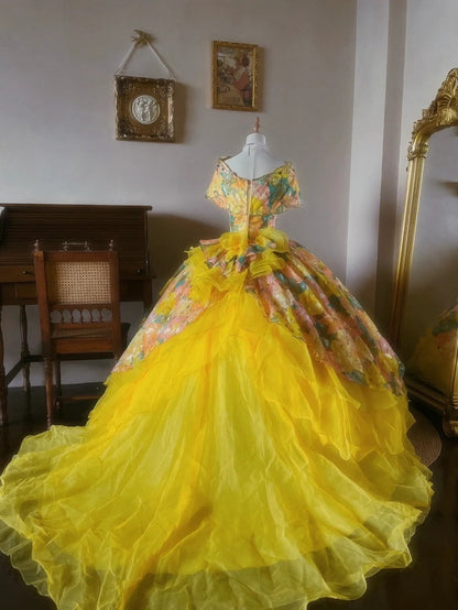 Charming Prom Dress Boat Neck Print Quinceanera Dress Ball Gown Evening Dress       D4343