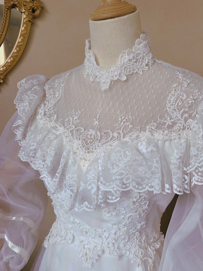 Stunning Wedding Dress A Line High Collar Tulle Pleated Wedding Dress  D4344