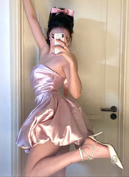 New Arrival Homecoming Dress Strapless Pleated Short Prom Dress Birthday Party Outfits Cocktail Dress    D4350