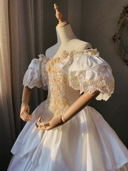 Vintage Wedding Dress Off Shoulder Tiered Pleated Wedding Dress  D4352