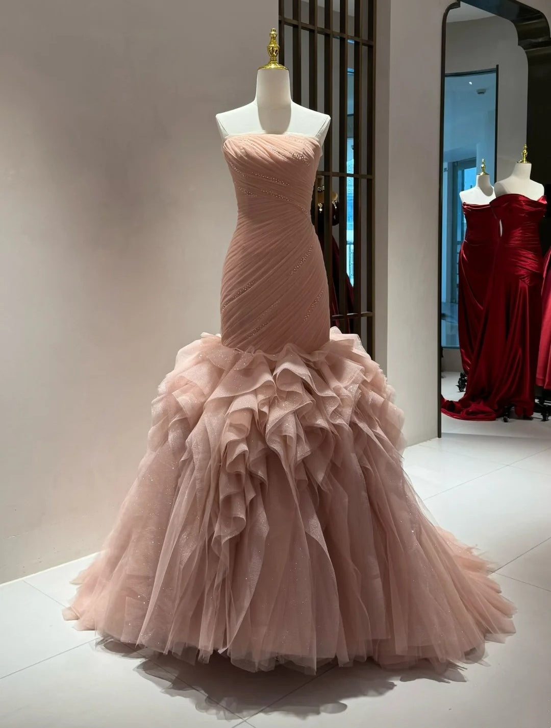 New Arrival Prom Dress Strapless Pleated Tulle Mermaid Formal Dress Gala Dress Evening Dress   D4391
