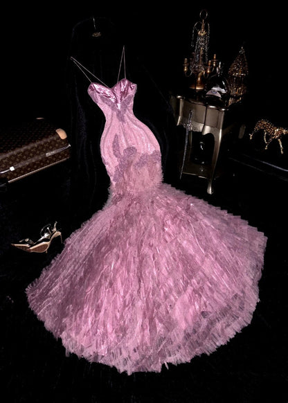 New Design Prom Dress Spaghetti Straps Tiered Mermaid Birthday Party Dress Gala Dress Evening Dress   D4403