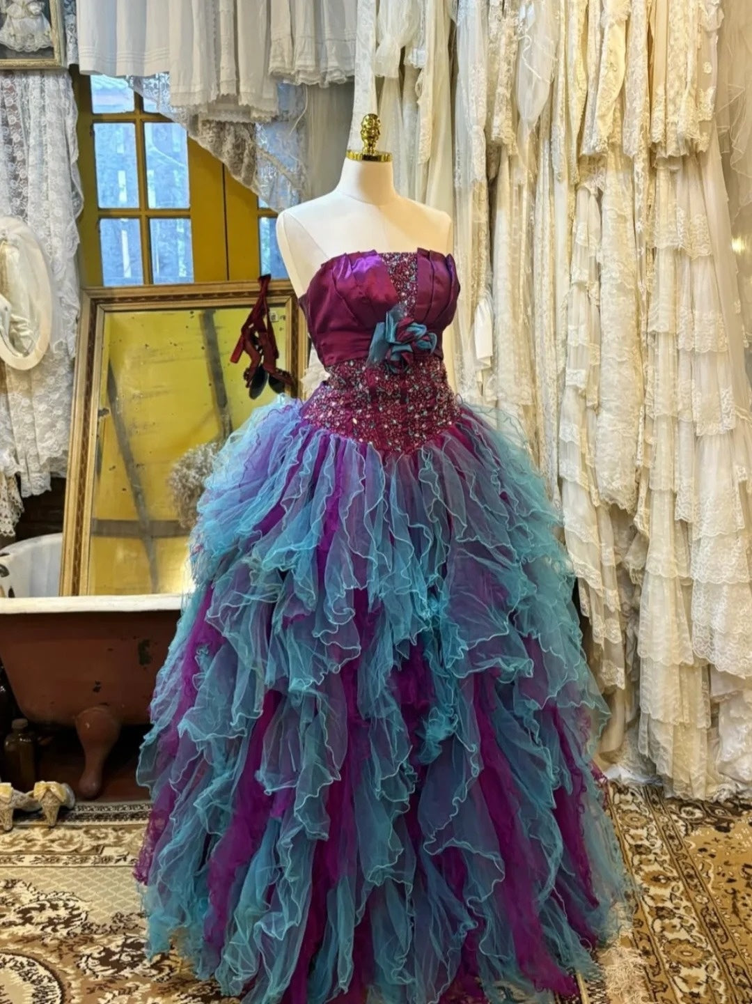 Stunning Prom Dress Strapless Tulle Ruffle Evening Dress Quinceanera Dress Ball Gown      D4411