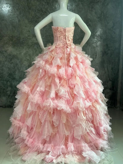 Sweet Prom Dress Strapless Pleated Tulle Evening Dress Quinceanera Dress Ball Gown      D4424