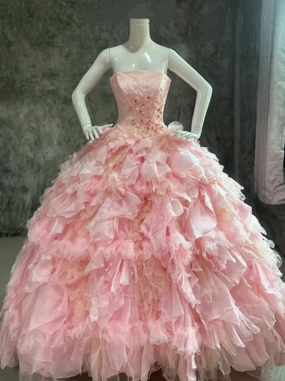 Sweet Prom Dress Strapless Pleated Tulle Evening Dress Quinceanera Dress Ball Gown      D4424
