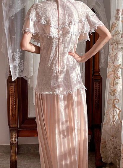 Vintage Wedding Dress Crew Neck Lace Pleated Wedding Dress  D4442