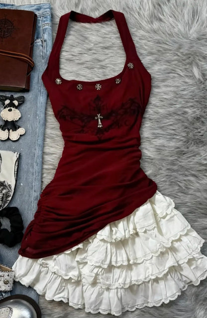 Stunning Homecoming Dress Wine Red Halter Tiered Short Prom Dress Birthday Party Outfits    D4454