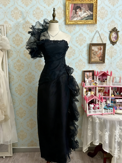 Stunning Prom Dress Black Strapless Pleated Ruffle Birthday Party Dress Evening Dress  D4482