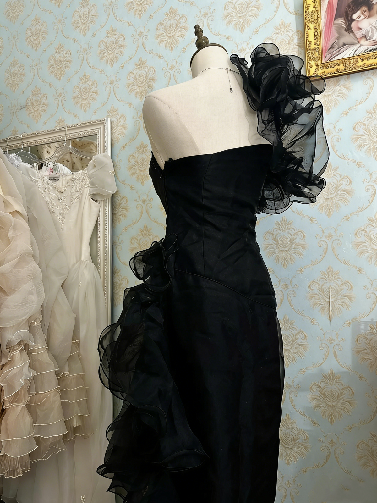 Stunning Prom Dress Black Strapless Pleated Ruffle Birthday Party Dress Evening Dress  D4482