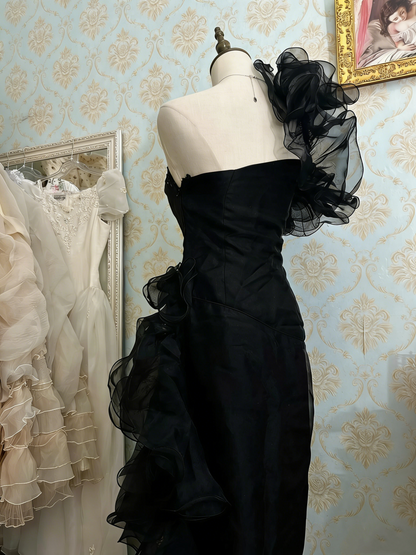 Stunning Prom Dress Black Strapless Pleated Ruffle Birthday Party Dress Evening Dress  D4482