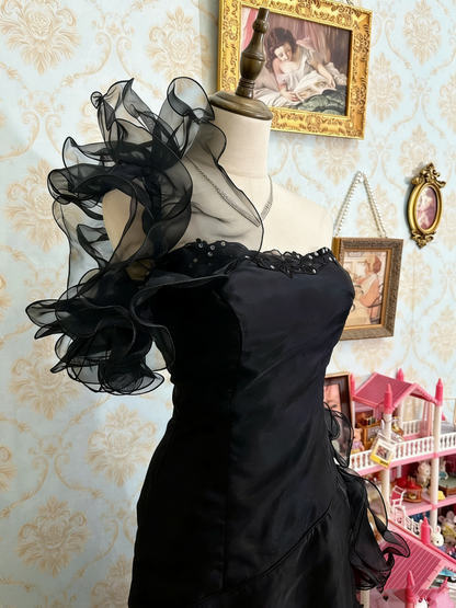 Stunning Prom Dress Black Strapless Pleated Ruffle Birthday Party Dress Evening Dress  D4482