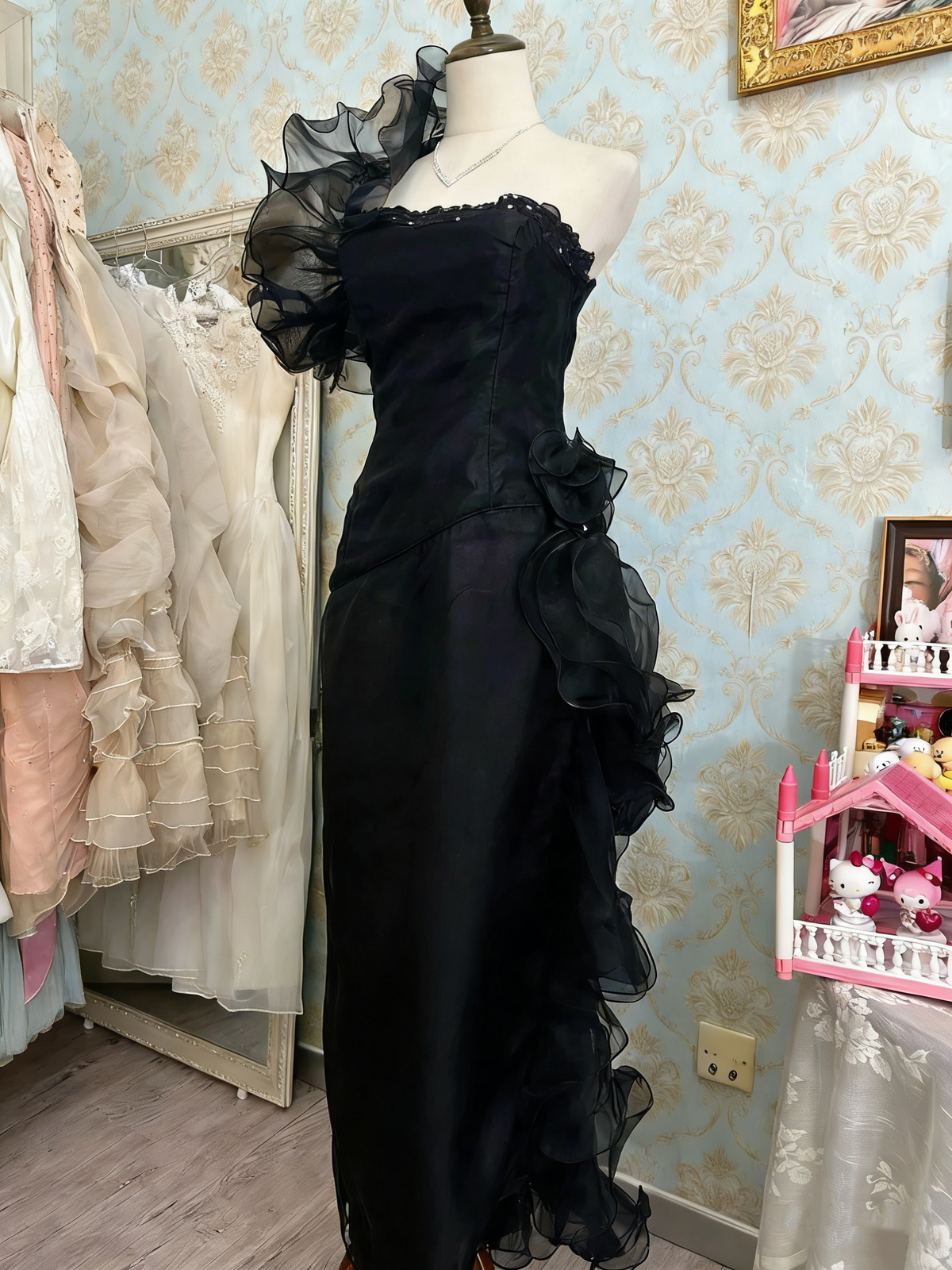 Stunning Prom Dress Black Strapless Pleated Ruffle Birthday Party Dress Evening Dress  D4482
