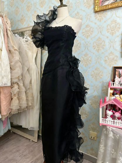 Stunning Prom Dress Black Strapless Pleated Ruffle Birthday Party Dress Evening Dress  D4482