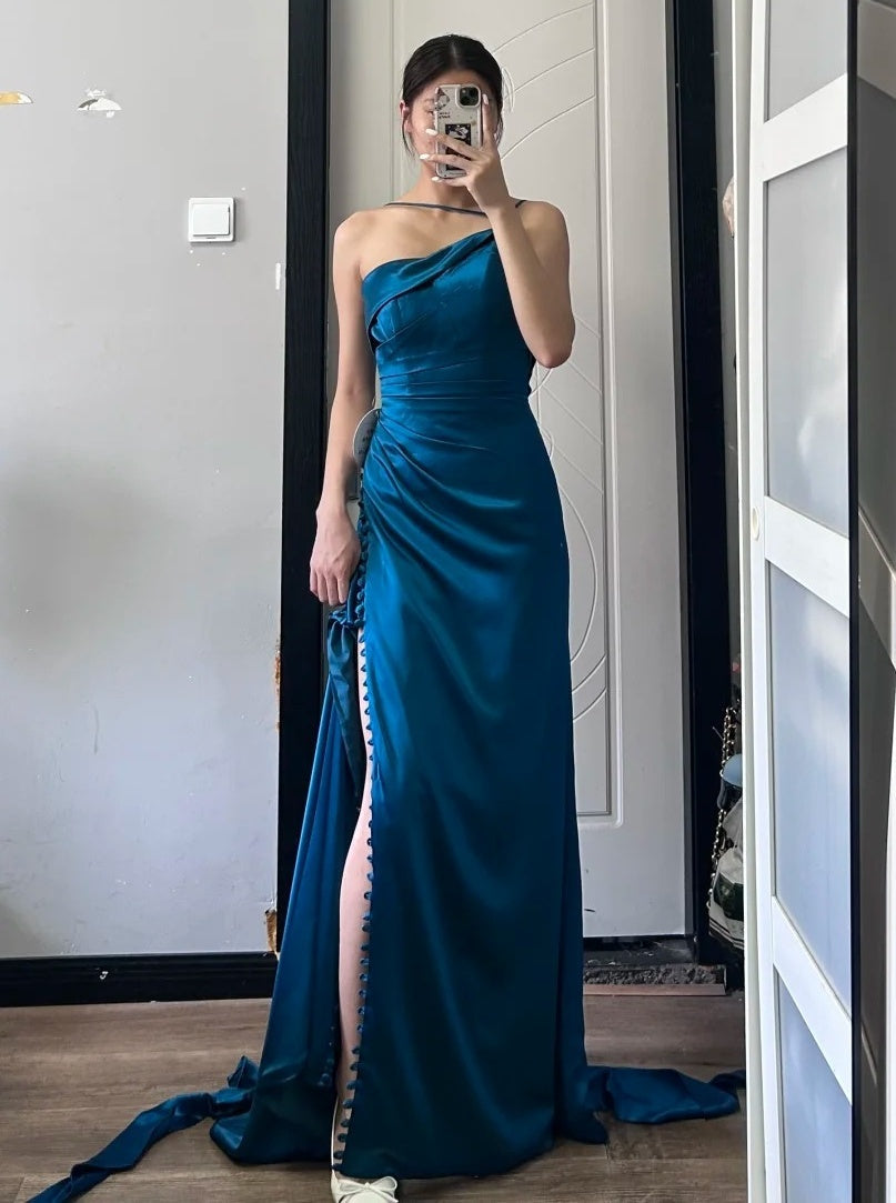 Elegant Prom Dress Dark Blue Asymmetrical Neck Pleated Gala Dress Evening Dress Cocktail Dress  D4494