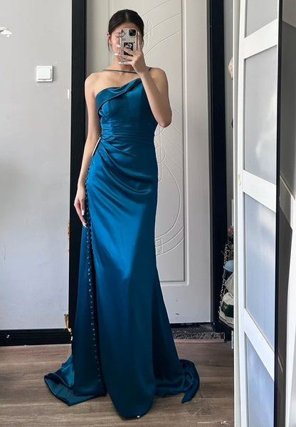 Elegant Prom Dress Dark Blue Asymmetrical Neck Pleated Gala Dress Evening Dress Cocktail Dress  D4494