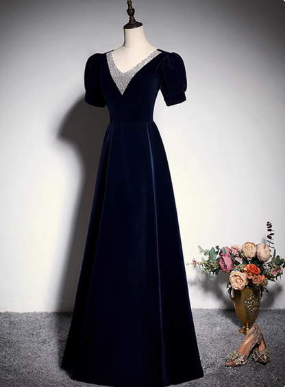 Elegant Prom Dress Dark Blue A Line V-neck Gala Dress Evening Dress Formal Dress  D4517