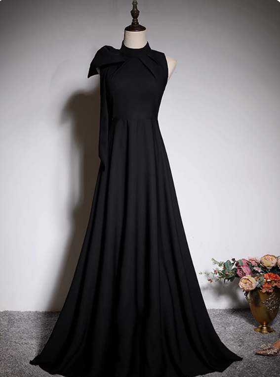 Minimalist Prom Dress Black A Line Crew Neck Pleated Gala Dress Evening Dress Formal Dress  D4519