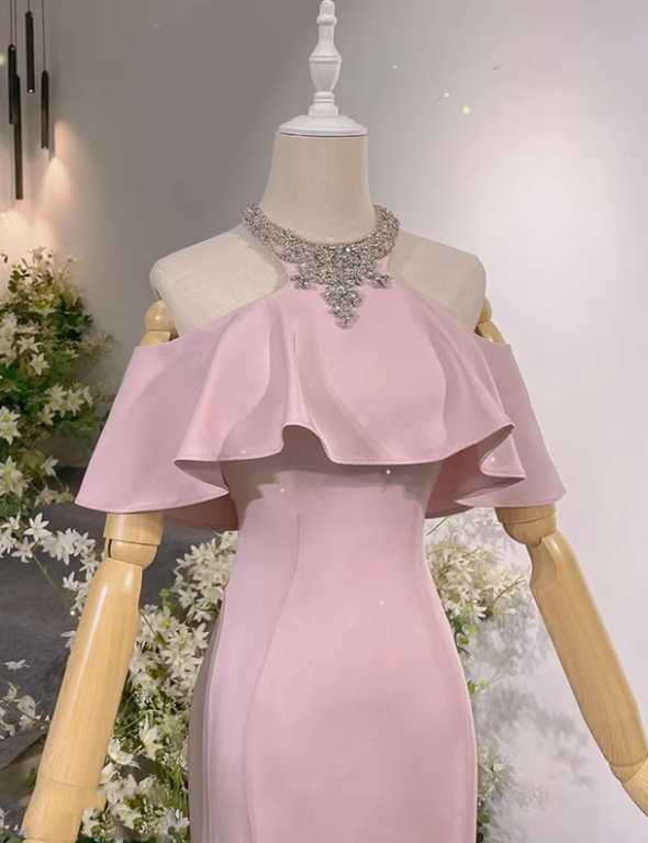 New Arrival Prom Dress Light Pink Crew Neck Mermaid Gala Dress Evening Dress Formal Dress  D4542